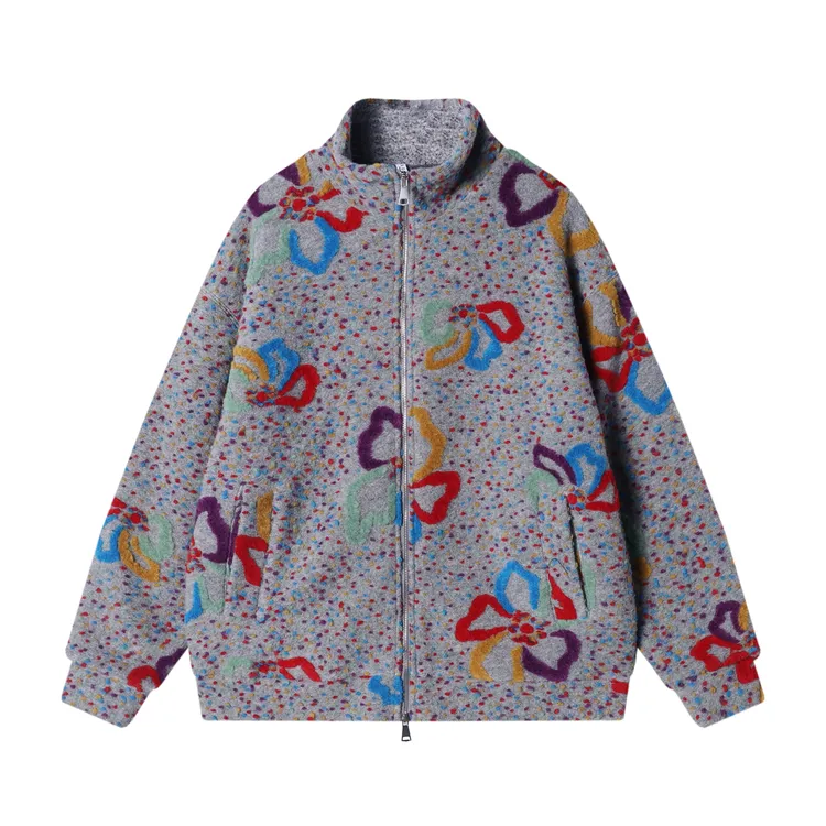 新款男士绒面刺绣彩点绣花时尚设计韩版半高领长袖宽松外套WT172