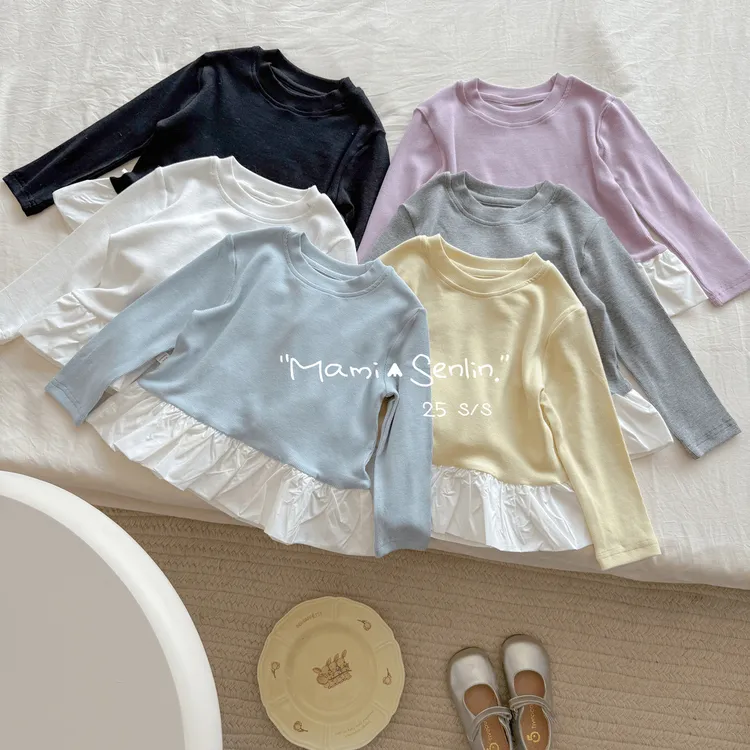女童长袖T恤2025春秋新款韩版百搭纯色上衣女宝宝棉布花边打底衫t