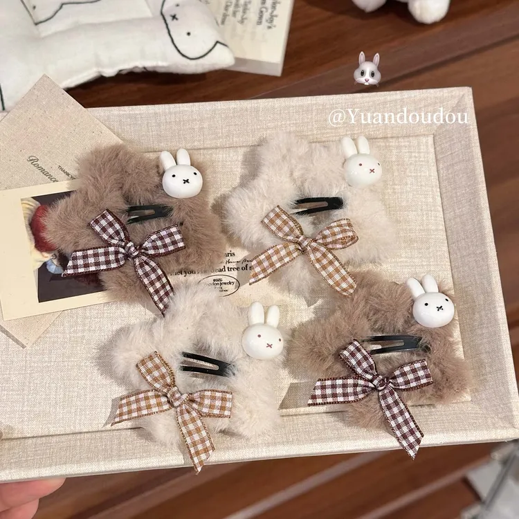 秋冬米菲兔毛茸茸甜美格子蝴蝶结发夹少女毛绒星星刘海BB五角星