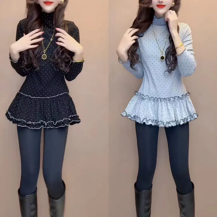 高领波点长袖荷叶边常规拼接T恤显瘦气质修身韩版打底裙