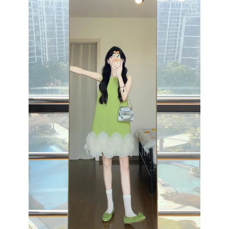 MARIE.COCO森系小个子牛油果绿蕾丝花边连衣裙甜美减龄无袖背心裙