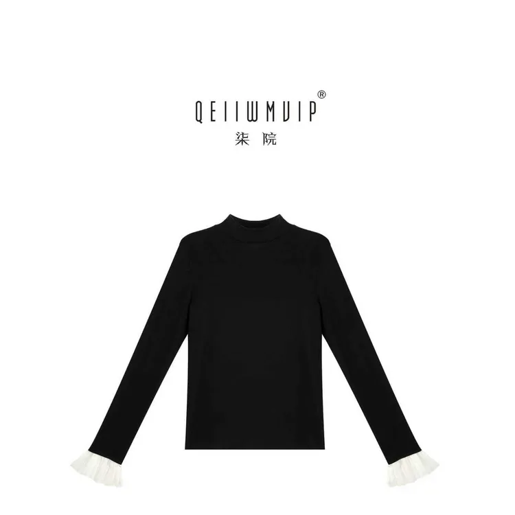 QEIIWMVIP/柒院冬季半高领纯色荷叶袖百搭休闲加绒秋冬打底6312