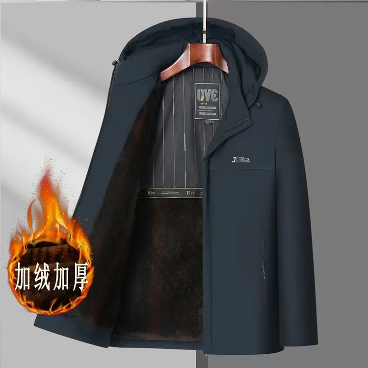 派克服冬季新款商务休闲棉上衣中老年保暖中长款外套帽子可脱卸