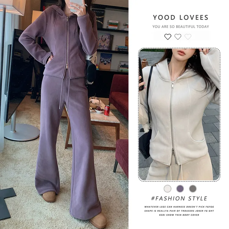 休闲时尚套装女秋冬加厚显身材拉链卫衣直筒长裤显瘦保暖两件套装
