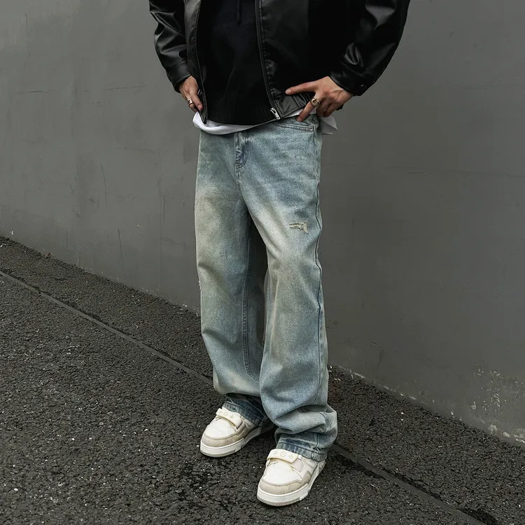 【UNAPS】美式复古16.4盎司cleanfit电流纹牛仔裤男女松紧腰直筒裤