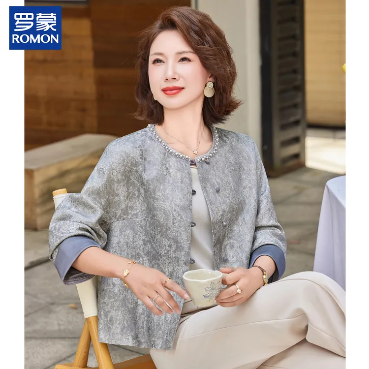 罗蒙妈妈春秋装小香风外套气质高端钉珠中老年女装轻国风开衫上衣