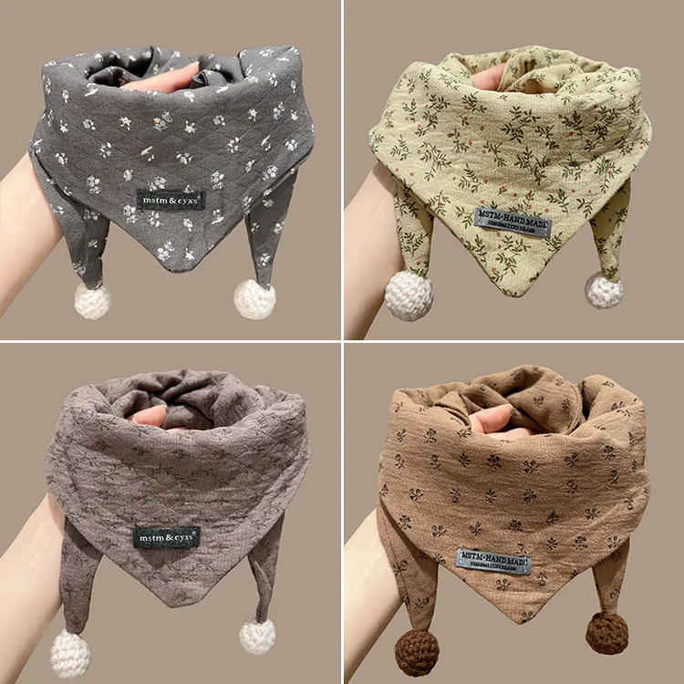【花纹款】小女孩复古韩系三角巾秋冬出门加厚护颈脖套女童防护围巾