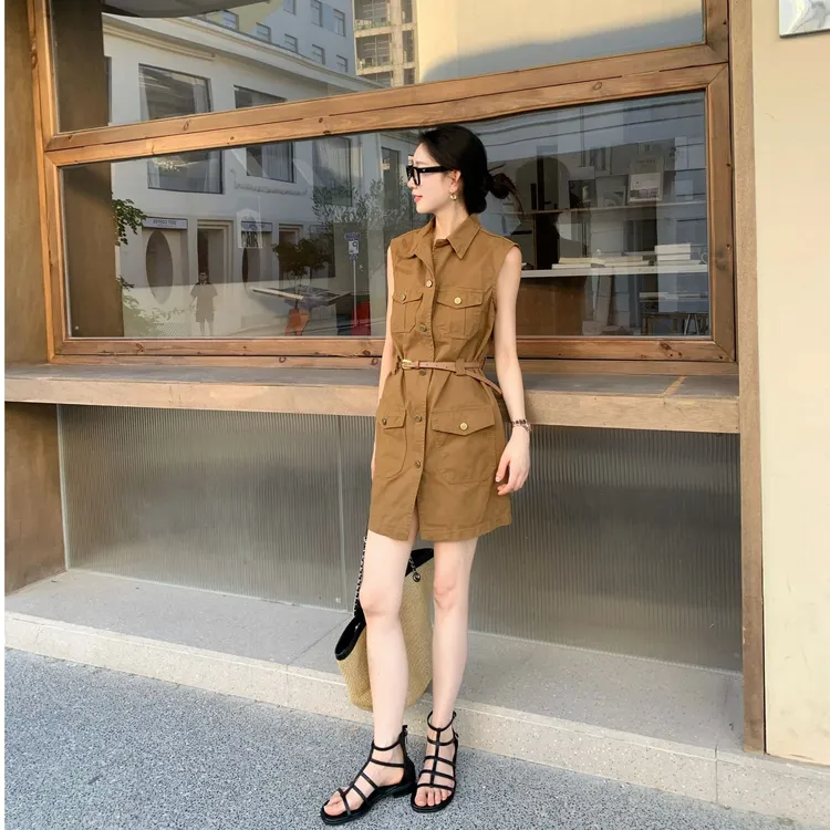 OUDOCKEE 鸥鸥 【100棉】工装风收腰系带无袖连衣裙 L2502X413T