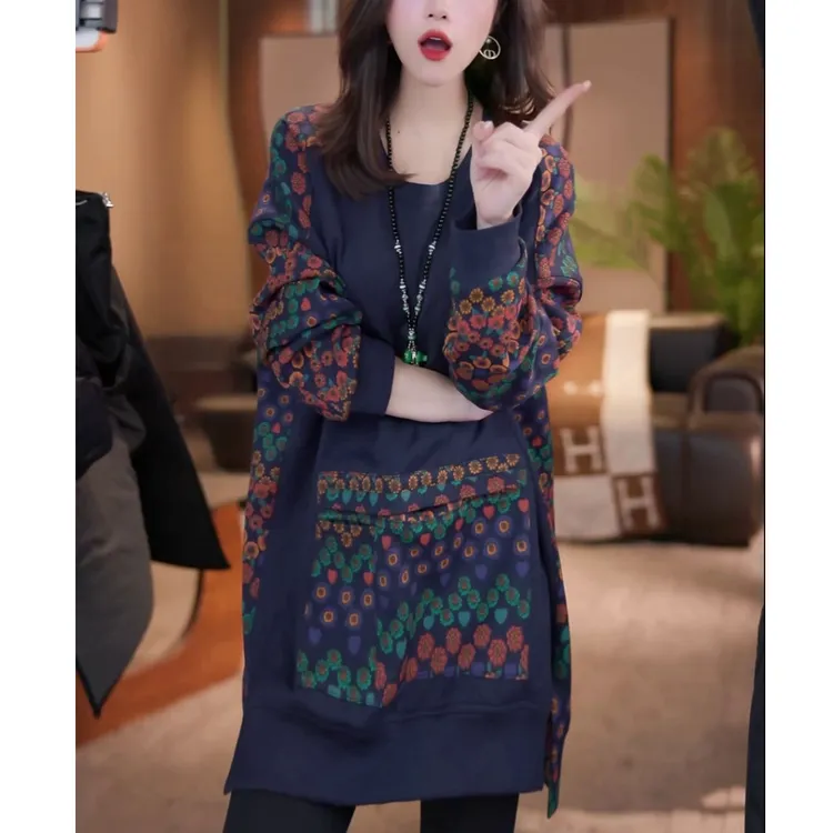 时尚休闲百搭复古风圆领套头上衣冬季洋气宽松显瘦中长款印花卫衣