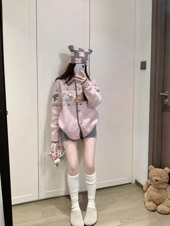 慵懒风软糯小狗提花长袖针织衫毛衣女秋季设计感翻领休闲宽松上衣
