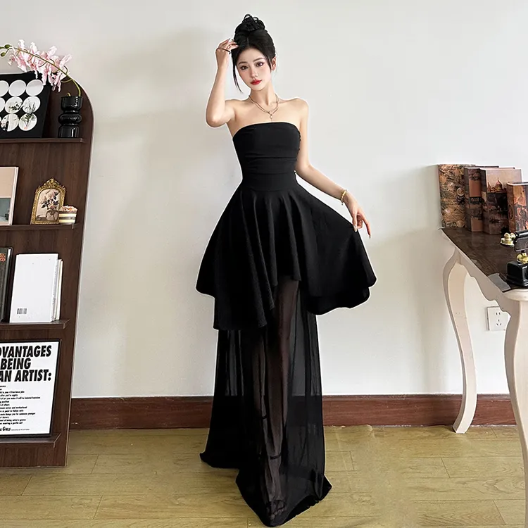 Malou 高级感遮腰网纱气质连衣裙女 法式性感晚宴礼服裙K25D64410