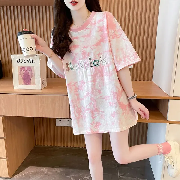 扎染刺绣时尚减龄洋气纯棉短袖T恤女夏季中长款韩版宽松大版上衣