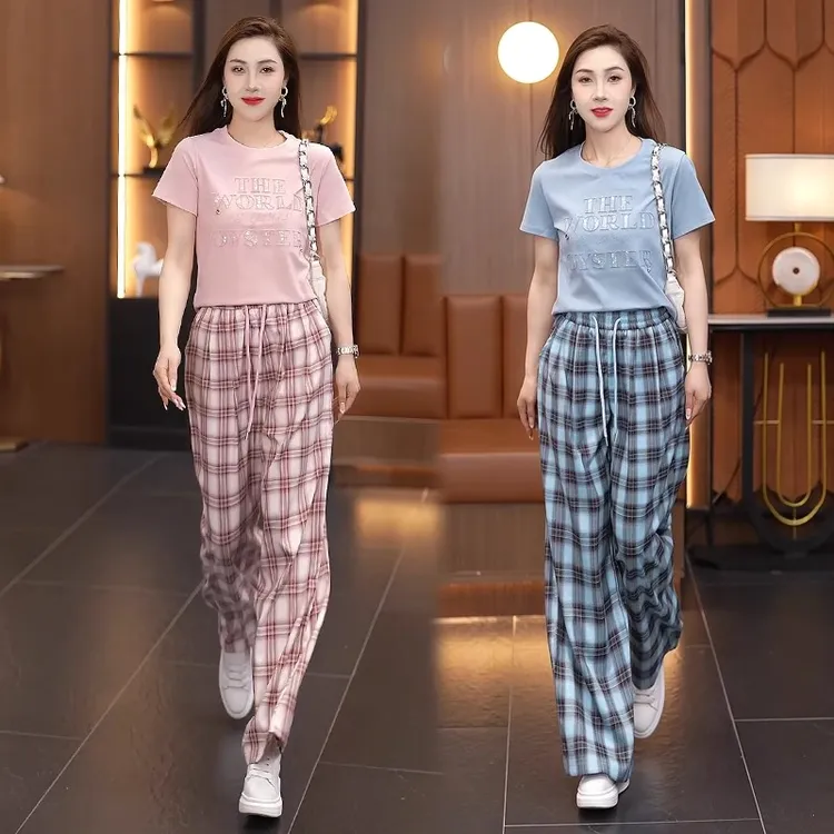 时尚套装女2025夏季新款时髦洋气短袖T恤格子阔腿裤气质两件套潮