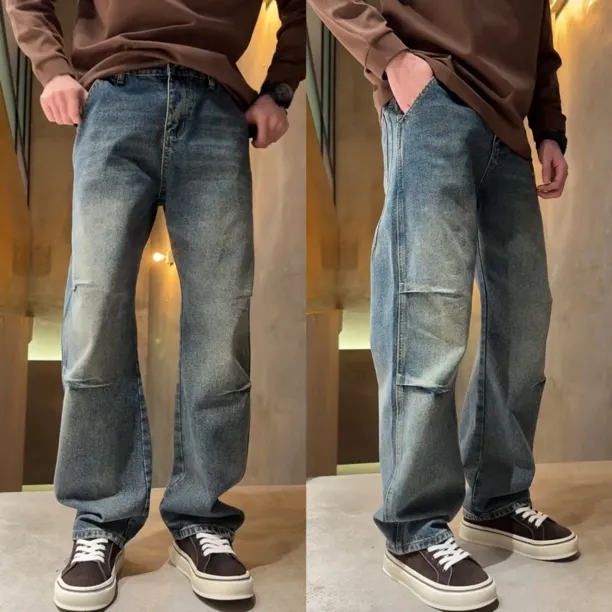 美式潮牌复古水洗褶捏直筒牛仔裤男时尚潮流百搭痞帅弯刀休闲裤