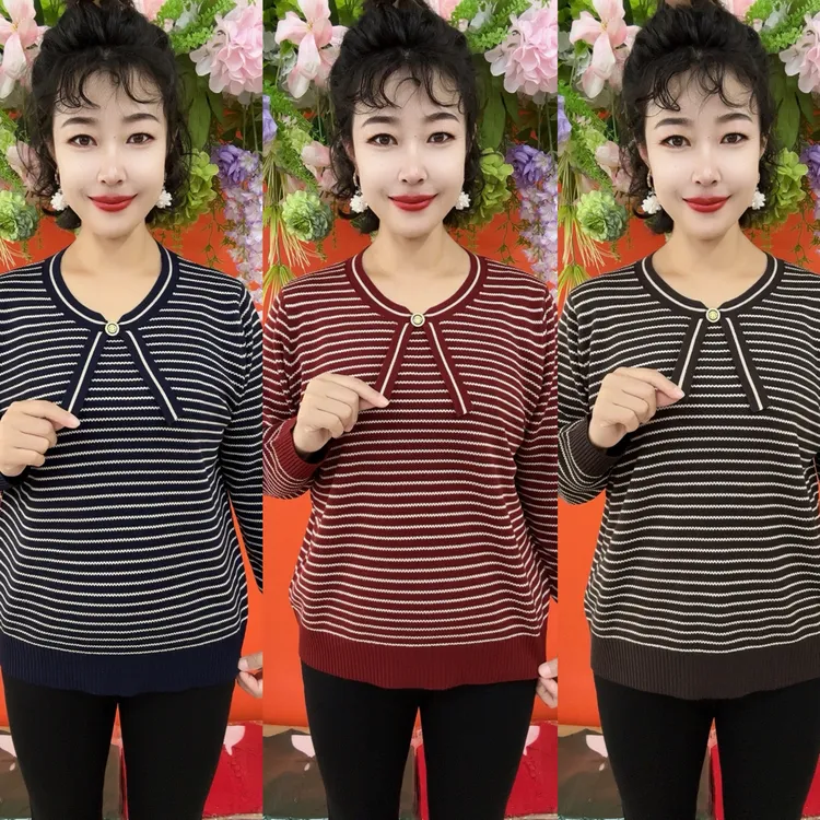 秋季新款飘带领条纹衫
