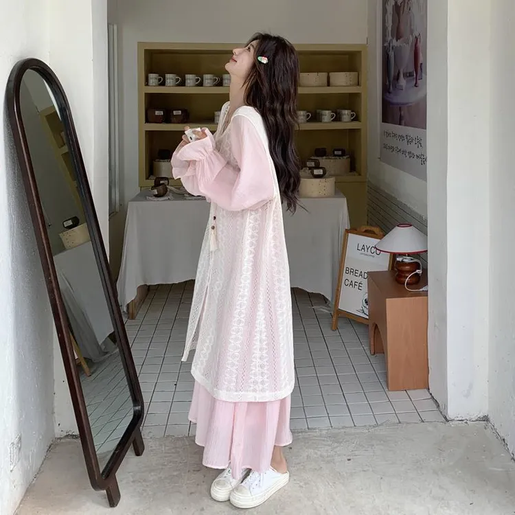 甜美减龄粉色镂空罩衫叠穿连衣裙套装女2025春季新款衬衫裙两件套