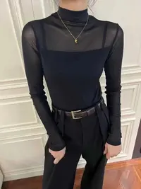 格调美美505半高领打底衫女黑色薄款网纱拼接爆