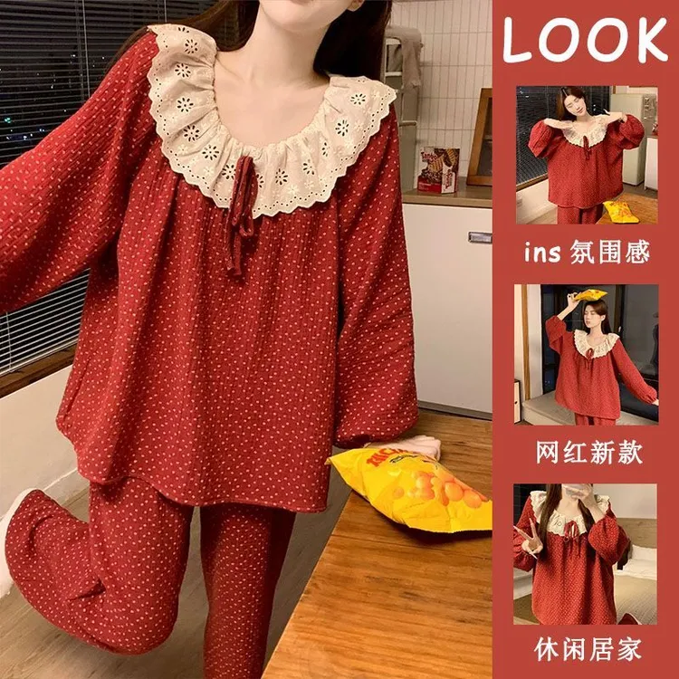 少女ins甜美风日系睡衣女春秋季新款长袖蕾丝花边宽松家居服套装