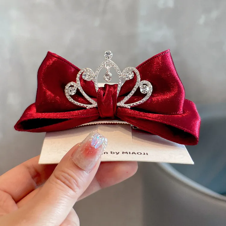 韩版PU质感儿童蝴蝶结皇冠发夹女童宝宝发卡公主头饰丝绒红色发饰