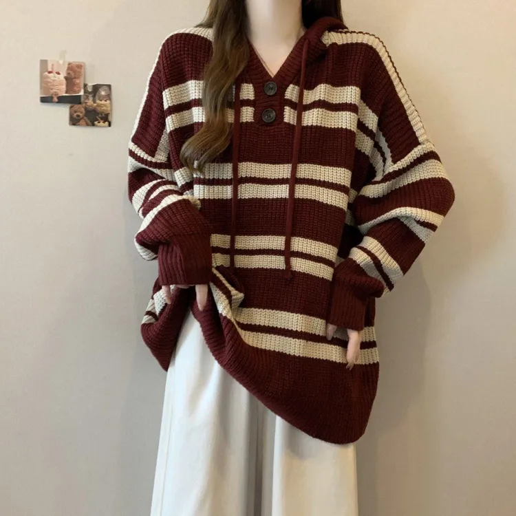安可拉红色条纹针织衫连帽正肩卫衣女秋冬大码胖mm遮肚中长款上衣