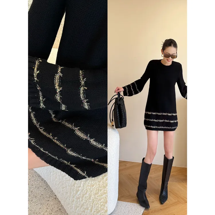 紫紫 手工坊毛衣裙  绵羊毛勿机洗金线彩纱刺绣针织裙ZD10SMHJ273