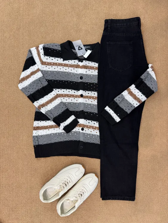 新贵老钱风针织镂空短袖衬衫男夏季cleanfit宽松撞色条纹慵懒上衣