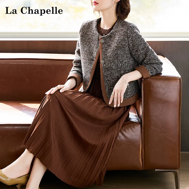 拉夏贝尔妈妈秋装连衣裙套装小香风上衣中老年女装时尚长裙两件套