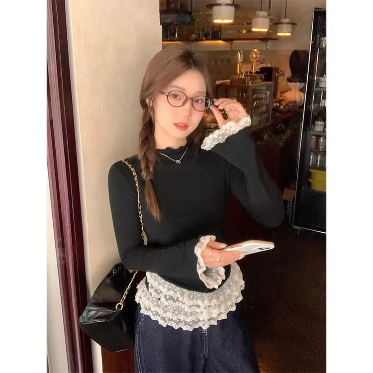 小香风蕾丝花边半高领磨毛保暖长袖T恤女冬季木耳边修身显瘦内搭