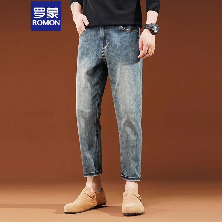 Romon/罗蒙高端新款复古蓝弹力修身牛仔裤2025春秋韩版潮流小脚裤