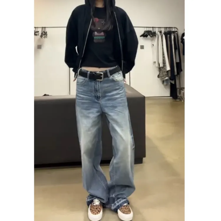 早秋新款复古高腰显瘦时尚百搭雪花纹低腰牛仔裤