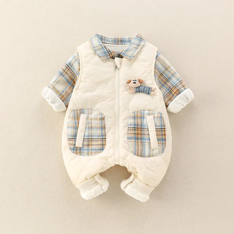 婴儿套装秋冬款2025新款男宝宝加绒格子衬衫背带裤两件套开衫夹棉