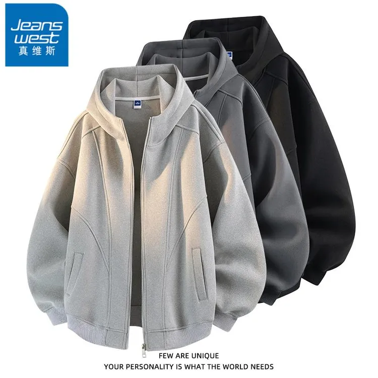 真维斯连帽卫衣外套男士春秋季美式高街潮流宽松百搭挺括开衫上衣