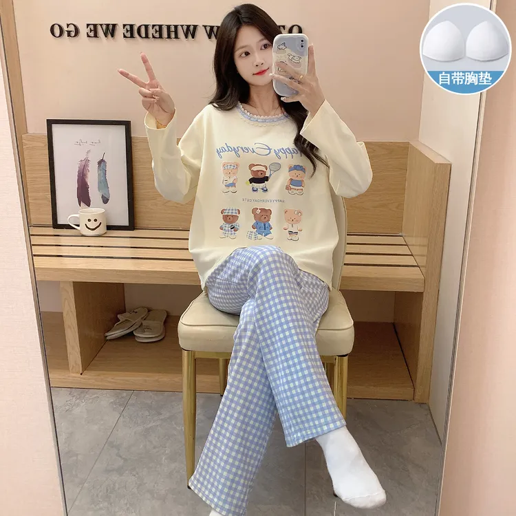 纯棉睡衣女秋冬季长袖长裤带胸垫可爱卡通学生100%全棉家居服套装