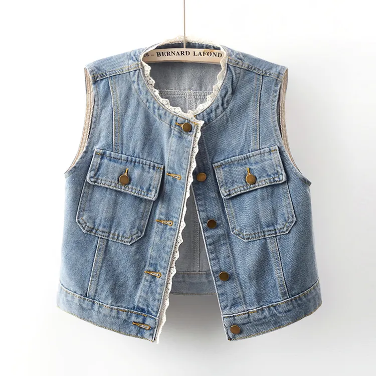 2025春秋新款设计感蕾丝花边圆领牛仔马甲女短款无袖坎肩背心上衣