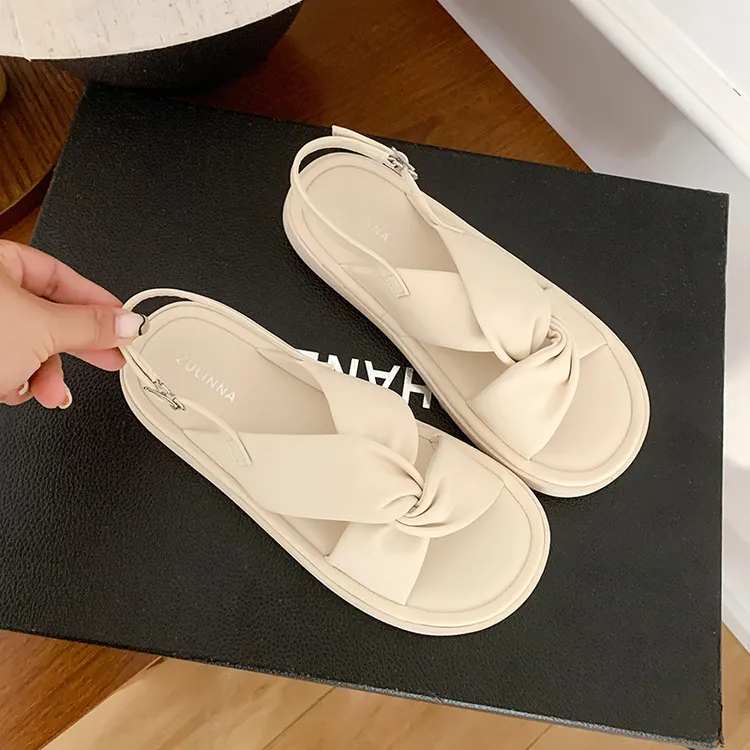 超软~百搭厚底凉鞋女2025年夏季新款平底交叉带女士休闲罗马凉鞋