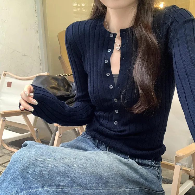 修身坑条半开领长袖针织衫2025新款春季气质显瘦打底衫女内搭上衣