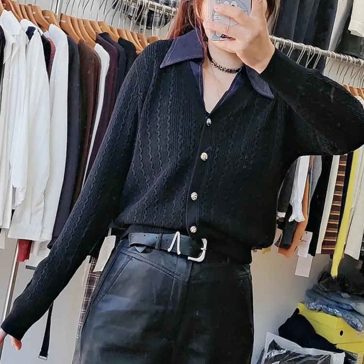衬衫领假两件上衣女春秋冬2025新爆款针织衫拼接衬衣叠穿打底毛衣