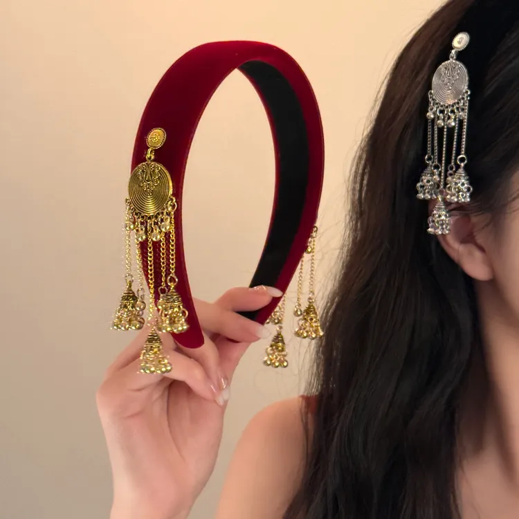 苗疆少女红色丝绒流苏发箍女新中式民族风高颅顶压发头箍复古发饰