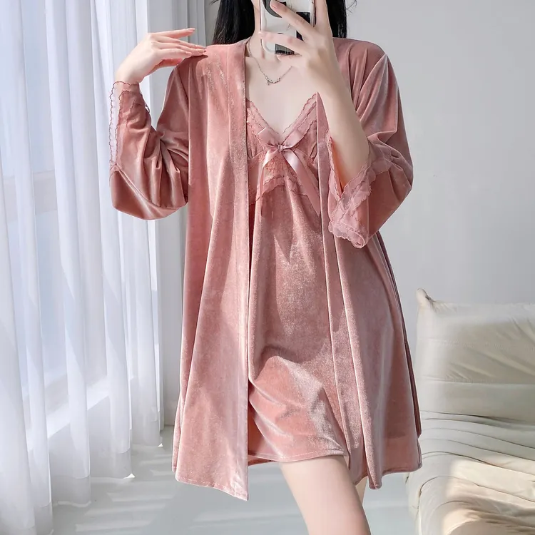 【高档丝绒】秋冬款吊带睡裙女带胸垫棕色性感纯欲高级感两件套睡袍