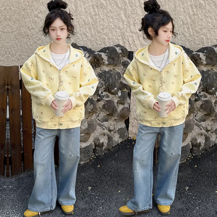 女童春秋连帽外套打底衫套装2025新款女大童秋季牛仔阔腿裤三件套