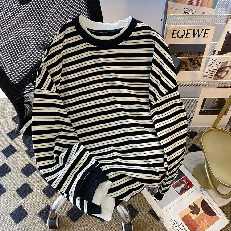 胖妹妹240斤大码条纹卫衣女早秋新款宽松显瘦休闲复古假两件上衣