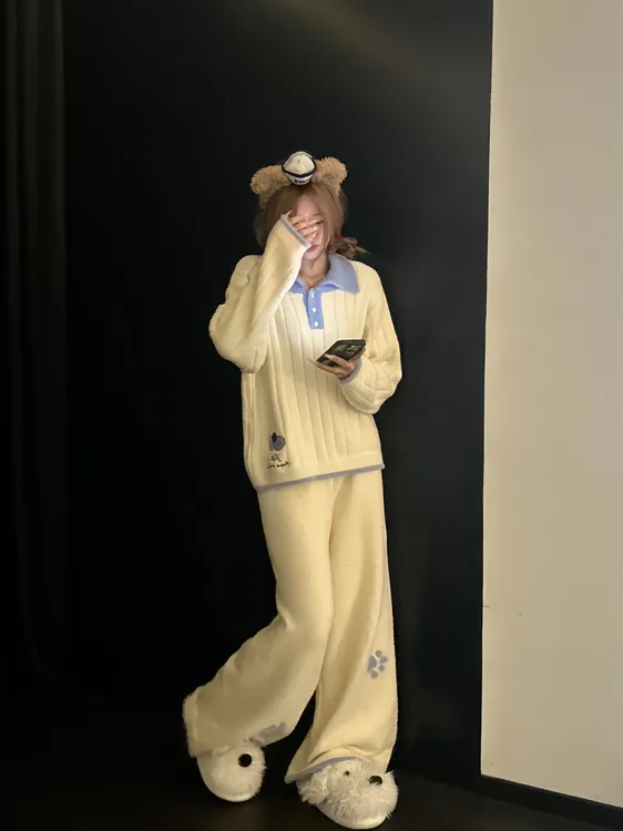 翻领睡衣女秋冬季半边绒可爱加厚长袖可外穿学院风大码家居服套装