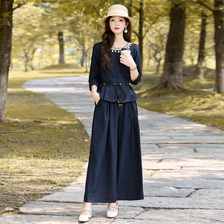 韩系气质贝壳领套装女2025年春秋新款设计感系带收腰阔腿裤两件套