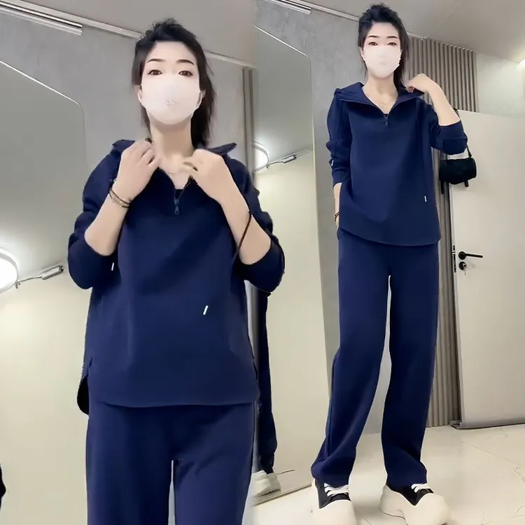 1073新款时尚休闲通勤百搭运动套装女春秋连帽卫衣高腰阔腿裤潮