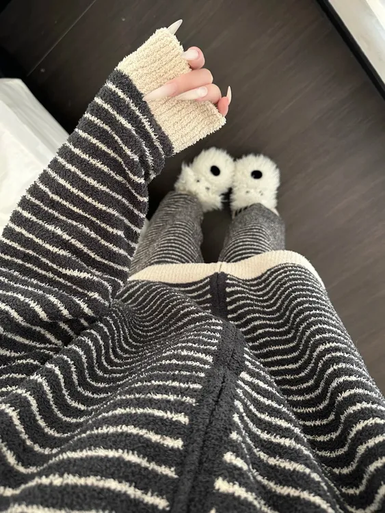 【DMXJ大梦想家】韩版撞色ins条纹针织睡衣女秋冬加厚保暖新款套装