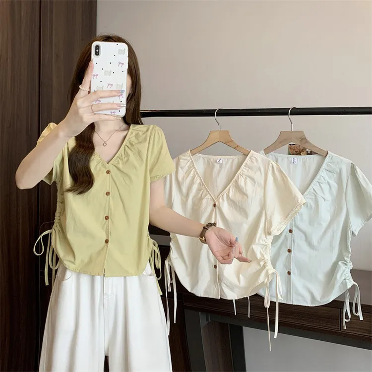 2024夏季新款大码抽绳收腰纽扣短袖短款褶皱胖mm设计小众衬衫上衣
