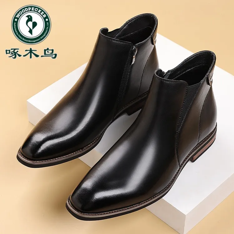 啄木鸟切尔西靴男士冬季加绒保暖马丁靴潮流英伦大码尖头高帮皮鞋