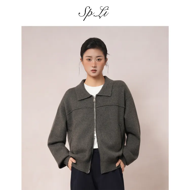 SPLi【短款老钱风】长袖复古毛衣针织衫秋季纯色休闲宽松翻领上衣潮