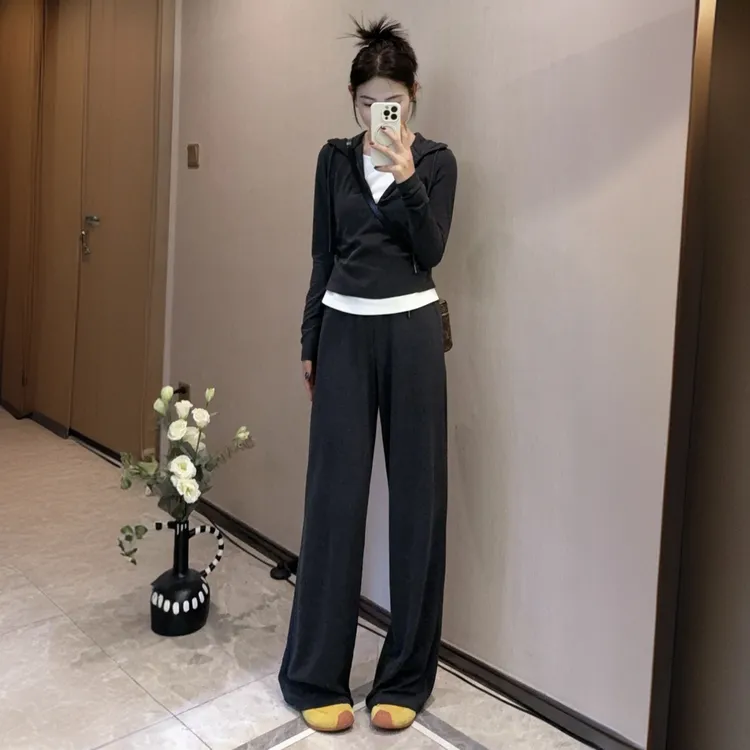韩系慵懒风运动套装女2025年春秋新款假两件连帽卫衣阔腿裤两件套