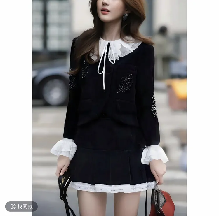 木子小店黑色灯芯绒刺绣领子可拆卸重工外套半裙